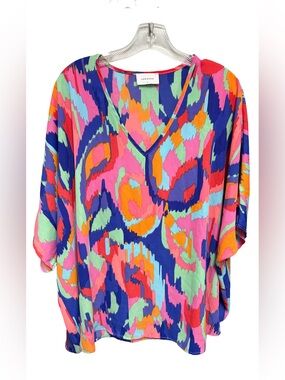 Adrienne Women’s Oversized Small Multicolor V-Neck Abstract Print Blouse